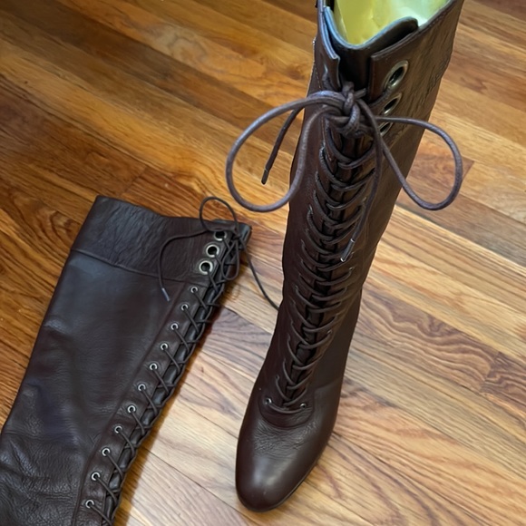 Dark Brown Tall Leather Boots with Laces and side zipper GORGEOUS for fall π - Picture 3 of 9